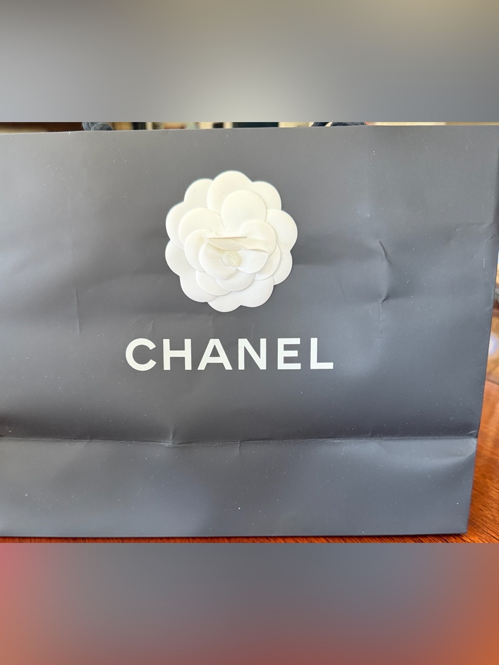 CHANEL Black Shopping Bag with White Camellia and Chanel ribbon